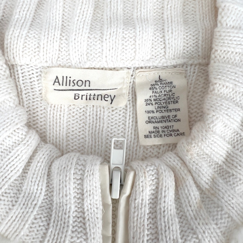 Allison Brittney Women's Faux Fur Sweater Vest Front Zip Ivory Tan Large - Picture 3 of 6